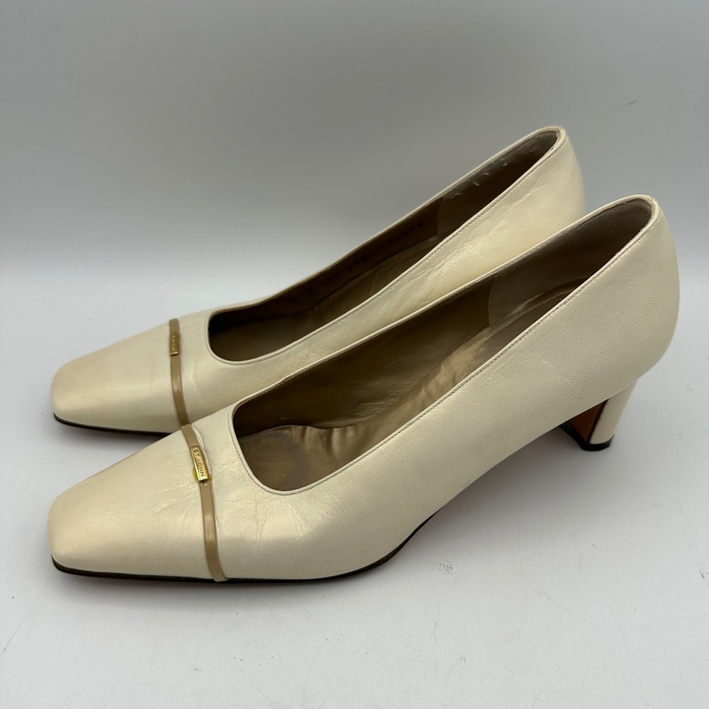 St John Womens Size 7.5B Cream Leather Square Toe Kitten Heel Pumps Italy